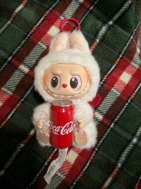 White Furry Bunny Keychain Holding Coca-Cola Can